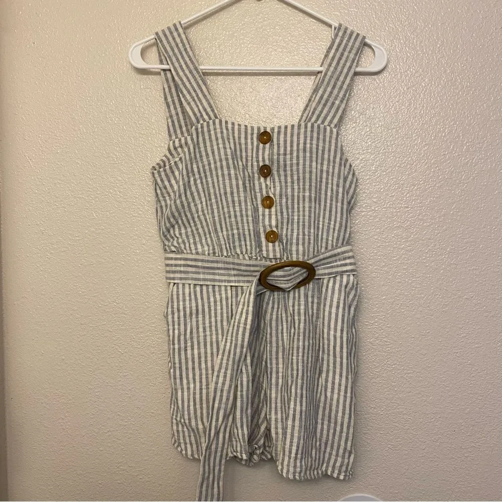 Zara Linen Blend Blue White Striped Belted Romper Button Front Coastal XS